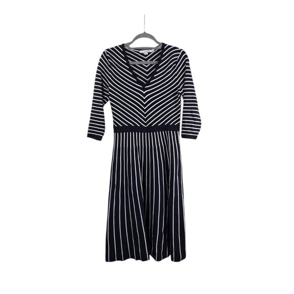 Boden Fit & Flare Navy Blue Ivory Striped Knee Length Knit Dress, Size 12L Tall - Picture 2 of 11